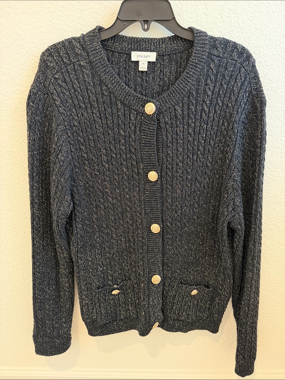 ON 34th Black/Gold Cable Knit Button-Front Cardigan - Size XL